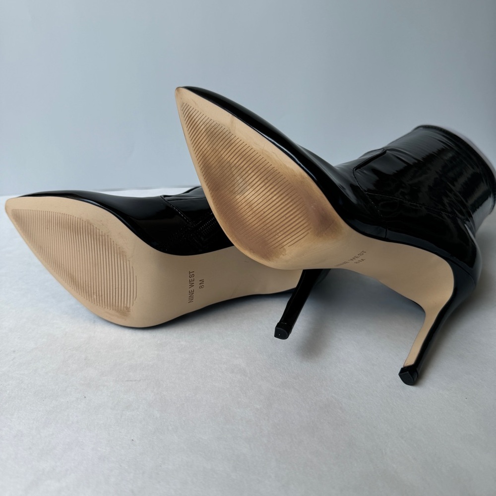 Nine West Black Patent Ankle Booties | Pointed Toe Stiletto Heel Like New - Picture 3 of 9